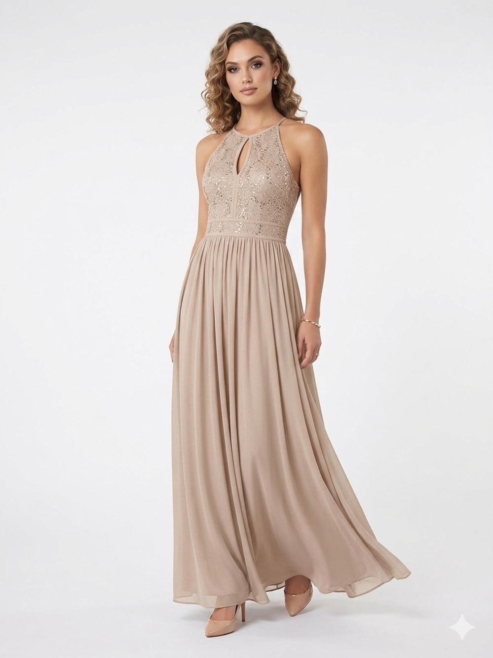 Nightway Blush Pink Lace Sequin Evening Gown Size 4 Keyhole Maxi Dress
